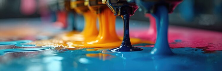 Inkjet print heads pour colorful ink. Printing process, dye flow, liquid paint in action. Colors splash, vibrant tones. Printer, print technology, creative visual, design, art, color.
