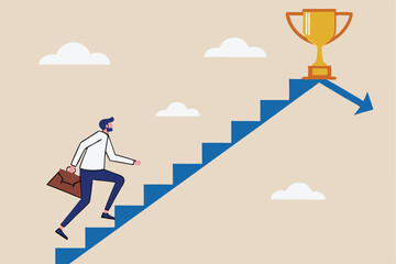 Small steps to success, challenge improve career and achieve target, journey, aspiration to reach goal, patience and persistence concept, businessman walk up small step stair to reach trophy reward.