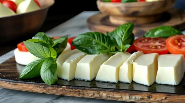Freshly Sliced Mozzarella Cheese with Ripe Tomatoes and Fragrant Basil on a Rustic Platter