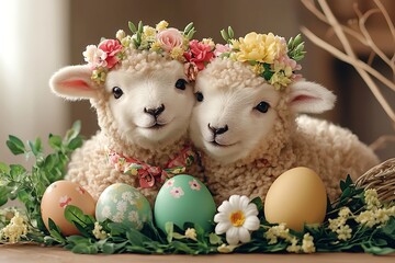 Easter Lambs with Flowers  Eggs. (1)