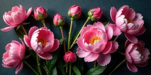Fototapeta premium A breathtaking bouquet of delicate pink peonies, artfully arranged against a deep teal backdrop, showcases the beauty of nature's artistry in full bloom.