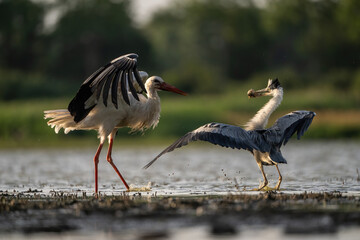 Grey heron (Ardea cinerea). Bird defending fish catch from stork with raised wings. Shallow wetlands lined by green reeds. Dramatic clash of postures under soft sunlight.