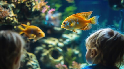 Fototapeta premium Children captivated by golden fish in a shimmering aquatic environment