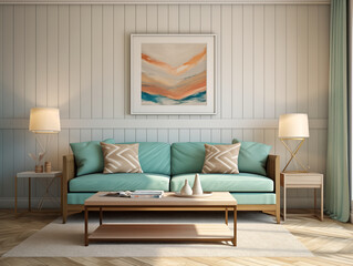 Modern minimalist living room interior with wall panelling in light wood colors and mint sofa. Living room with wall panels, couch and simple minimalist decor