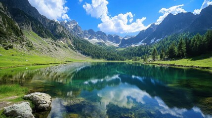 Fototapeta premium A breathtaking view of a tranquil lake surrounded by majestic mountains and lush greenery under a bright blue sky, reflecting clouds and trees.