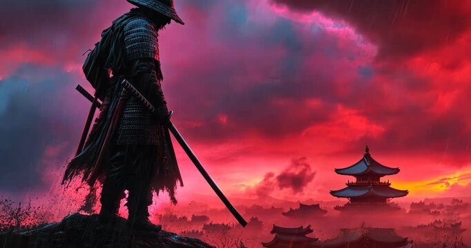 The Lone Ronin: An evocative image of a lone samurai, poised on a high vantage point, overseeing a breathtaking panorama of a traditional Japanese village, set against a fiery, crimson sky.