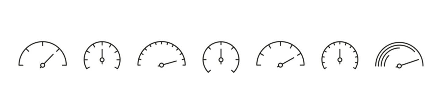 Speedometer icon. Meter score vector set. Gauge line limit scale.  Score measurement level meter. Black line design. High indicator sign.