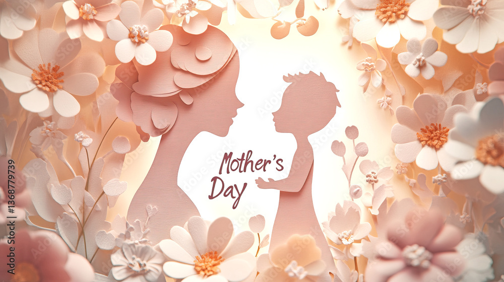 Fototapete outlines of a mother and child on an illuminated background with three-dimensional origami flowers. 