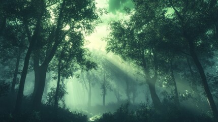 Obraz premium Mystical morning light filtering through a foggy, enchanting forest landscape