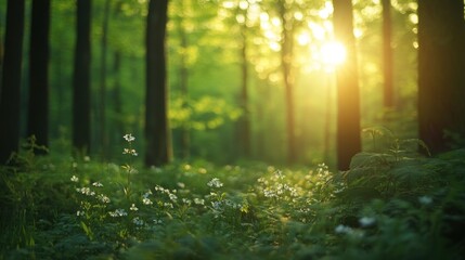 Fototapeta premium Sunlight filters through a vibrant forest showcasing wildflowers in full bloom