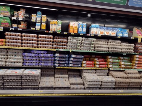 Bob Evans Cage free egg whites liquid in refrigerated aisle at Safeway grocery store supermarket on March 28, 2025 in Napa, California