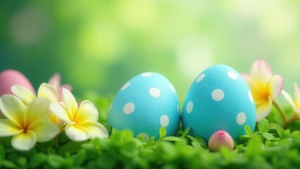Fototapeta premium Pastel Easter Eggs Nestled in Spring Flowers and Green Grass