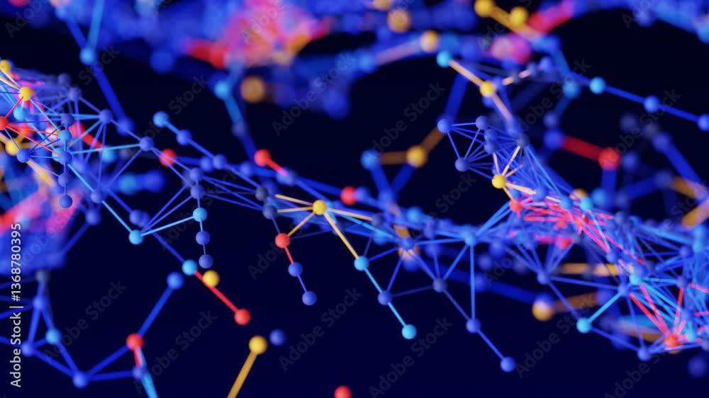 Poster network nodes form data connections across a digital grid and tech mesh of connected dots in a cyber