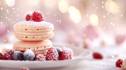 Elegant dessert display featuring macaroons and fresh berries on a festive table with soft snowflakes in the air