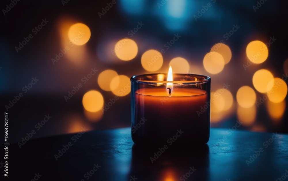 Aufkleber A single candle flickering softly on an empty table, surrounded by soft bokeh lights in the background, creating a cozy and inviting atmosphere.