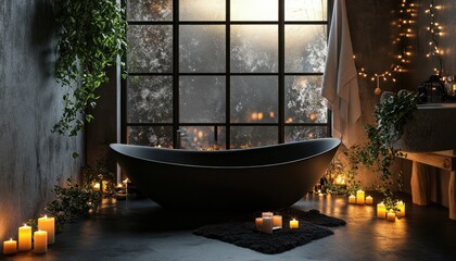 Modern interior of the bathroom in black and gray colors, with candles and plants