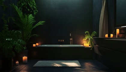 Modern interior of the bathroom in black color with candles and plants, a bathtub, photorealistic.