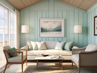 Modern minimalist living room with wall panelling in mint color and mint color accents in interior. Living room with wall panels, couch and simple minimalist decor