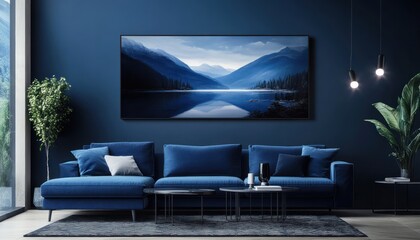 Modern living room interior with a blue sofa and coffee table against a dark wall painting of a lake landscape