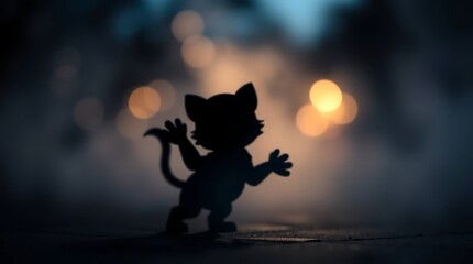 Silhouette cat figurine in a spooky night scene