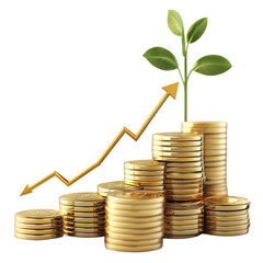 Gold Coins Stacked with Growing Plant and Increasing Trend Illustrate Investment Growth isolated on transparent background HD photo PNG file download.
