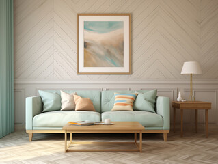 Modern minimalist living room interior with wall panelling in light wood colors and mint sofa. Living room with wall panels, couch and simple minimalist decor