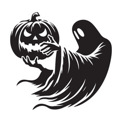 Spooky Ghost Silhouette Holding a Carved Pumpkin Halloween Vector Art