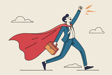 Superhero businessman with superpower to win business success, strength or power to control and finish work, confidence great responsibility, courage or strong positive attitude with fearless mindset.
