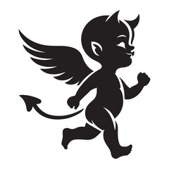 Cute Devil Silhouette with Wings and Tail Vector Design