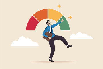 Performance evaluation, employee rating assessment, appraisal review or high potential employee, staff achievement, excellent job candidate concept, happy businessman on high performance gauge.