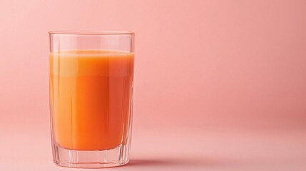 Photograph of a glass of orange juice. the glass is tall and slender with a round base and a narrow neck.