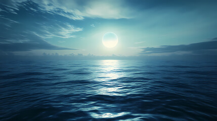 A luminous orb hangs low in the sky above a serene ocean, casting a soft glow on the gentle ripples of the water, creating an ethereal and calming scene. Celestial Ripples. Illustration