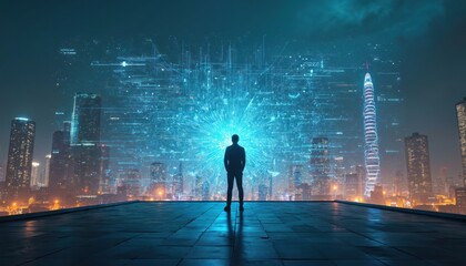 Illustration of person silhouette in front of data screen. Concept represents big data analytics visualization, data centers, data analysis, digital transformation, artificial intelligence. High-tech