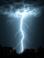 Lightning strike over city at night.