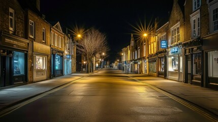 Fototapeta premium Empty urban street scene illuminated by streetlights during twilight hour