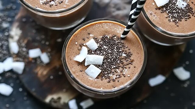 Creamy chocolate smoothie topped with chia seeds and coconut flakes, served in glass cups on a wooden board