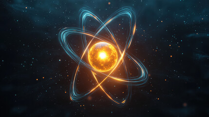 Glowing atom model with energy particles and electron orbit, futuristic science background