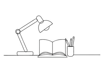 Minimalist continuous line drawing of a desk lamp, open book, and pencil holder with stationery in a modern workspace