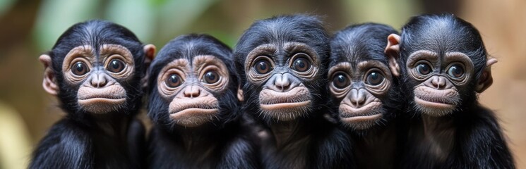 Fototapeta premium This captivating image showcases a group of baby monkeys with large, expressive eyes, displaying their playful and curious nature in a natural setting.
