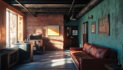 Fototapeta premium Photorealistic interior of an industrial-style living room with a brick wall, brown leather sofa, and blue walls