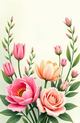 Obraz premium Bright and festive postcard. Beautiful bouquet of spring flowers in soft pastel colors. Simple light background.