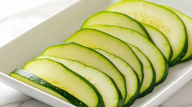 White rectangular plate with several slices of zucchini arranged in a diagonal line. the slices are light green in color and appear to be freshly sliced.