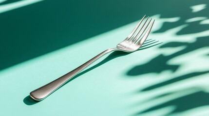 Silver fork casting plant shadow on a blue-green surface; simple, minimalist