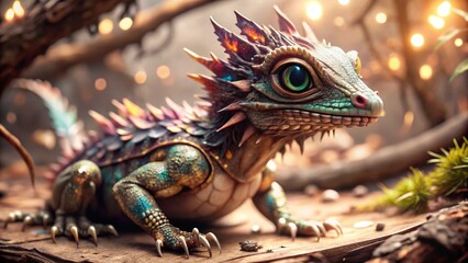 Obraz premium A small dragon-like creature with shifting, iridescent colors covering its skin, camouflaged against a glowing fantasy rainforest 
