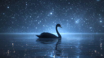 Under the stars a lone black swan floats on the calm waters of a lake its gentle ripples disturbing the otherwise glassy surface, starlight, celestial. Celestial Ripples. Illustration