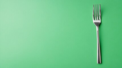 Silver fork on a green background. Simple cutlery shot, centered right