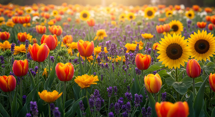 Obraz premium A vibrant summer meadow bursting with cheerful sunflowers and tulips bathed in warm golden sunlight.