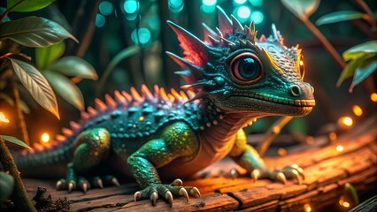 Fototapeta premium A small dragon-like creature with shifting, iridescent colors covering its skin, camouflaged against a glowing fantasy rainforest 