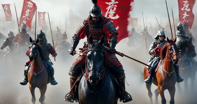 Charge of the Warrior: A cinematic depiction of a warrior leading a mounted cavalry charge, clad in battle armor, amid a historical battlefield, filled with the thrill of military action.