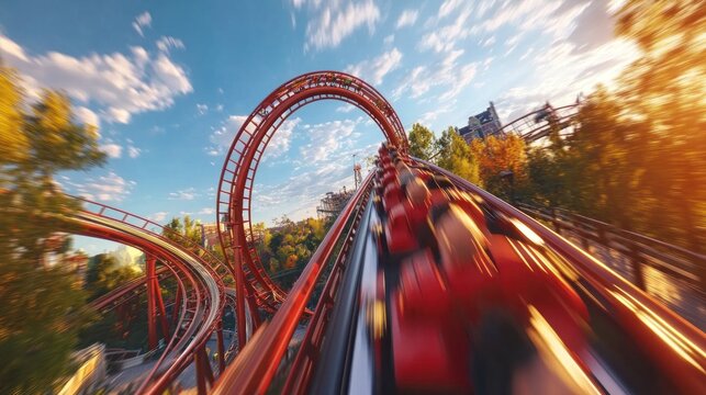 Experience the thrill: A fast-paced ride on a vibrant red rollercoaster